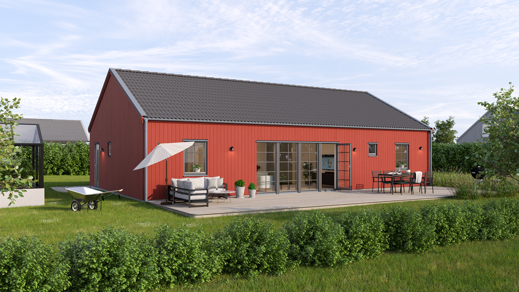 Visualisering av ett rött 1-planhus i lösvirke i moden stil. 